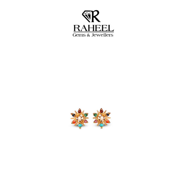 Colorful floral gemstone earrings in gold setting by Raheel Gems & Jewellers.