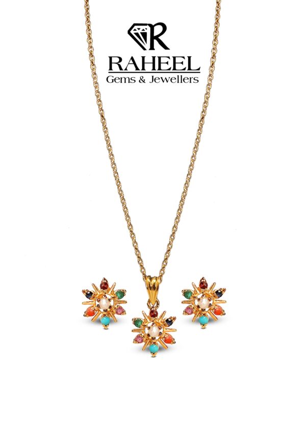 Elegant floral jewelry set with colorful gemstones, featuring earrings and a pendant in a gold setting by Raheel Gems & Jewellers.