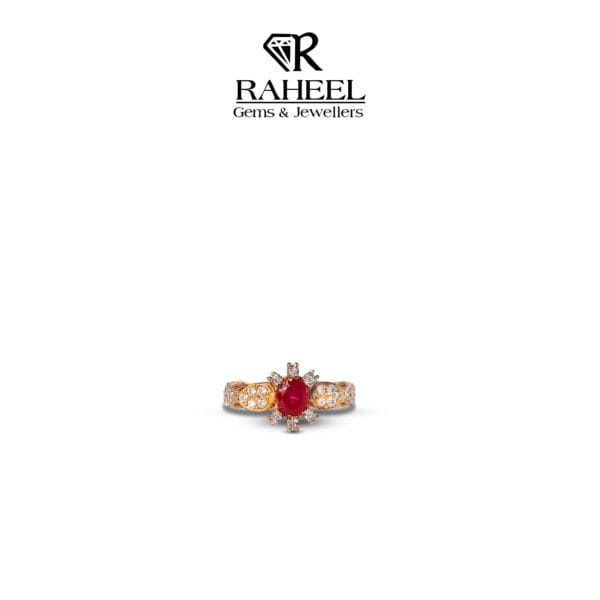 A luxurious gold ring with a central ruby gemstone and intricate detailing.