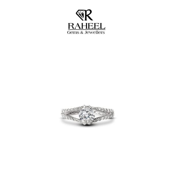 Elegant diamond engagement ring in white gold with a split shank design and pavé diamond accents.