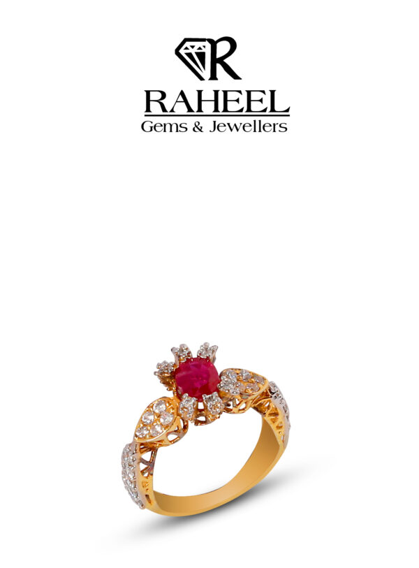 A luxurious gold ring with a central ruby gemstone and intricate detailing.