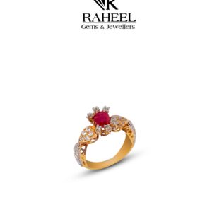 A luxurious gold ring with a central ruby gemstone and intricate detailing.