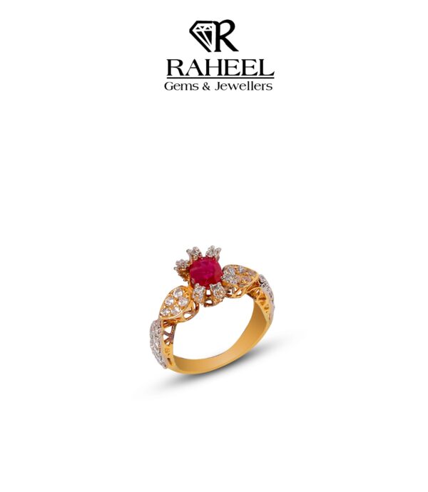 A luxurious gold ring with a central ruby gemstone and intricate detailing.