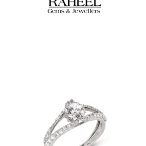 Elegant diamond engagement ring in white gold with a split shank design and pavé diamond accents.