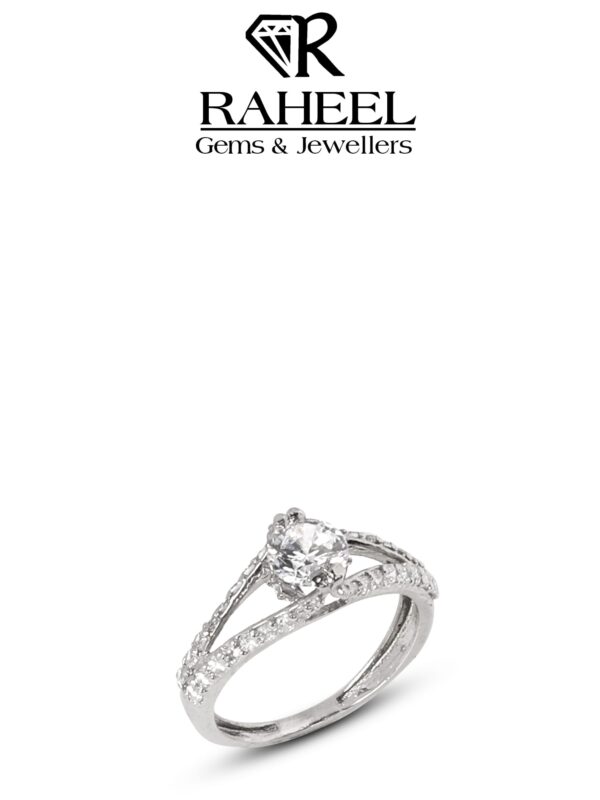 Elegant diamond engagement ring in white gold with a split shank design and pavé diamond accents.