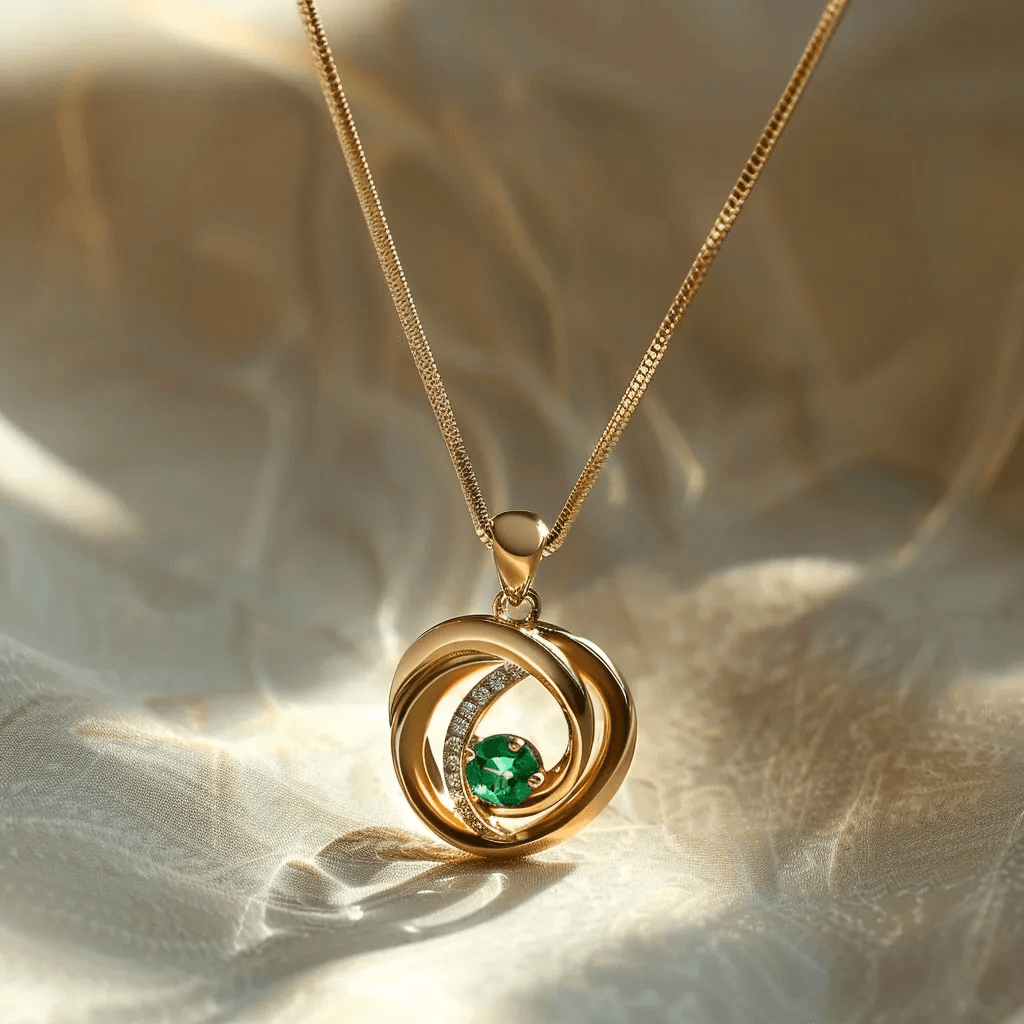 Elegant gold necklace with a unique intertwined design, featuring a vibrant green emerald gemstone, perfect for May birthstone jewelry and luxury fashion.