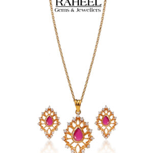 A high-quality gold necklace and earring set featuring a pink stone centerpiece with intricate halo detailing, ideal for formal occasions and adding timeless beauty.