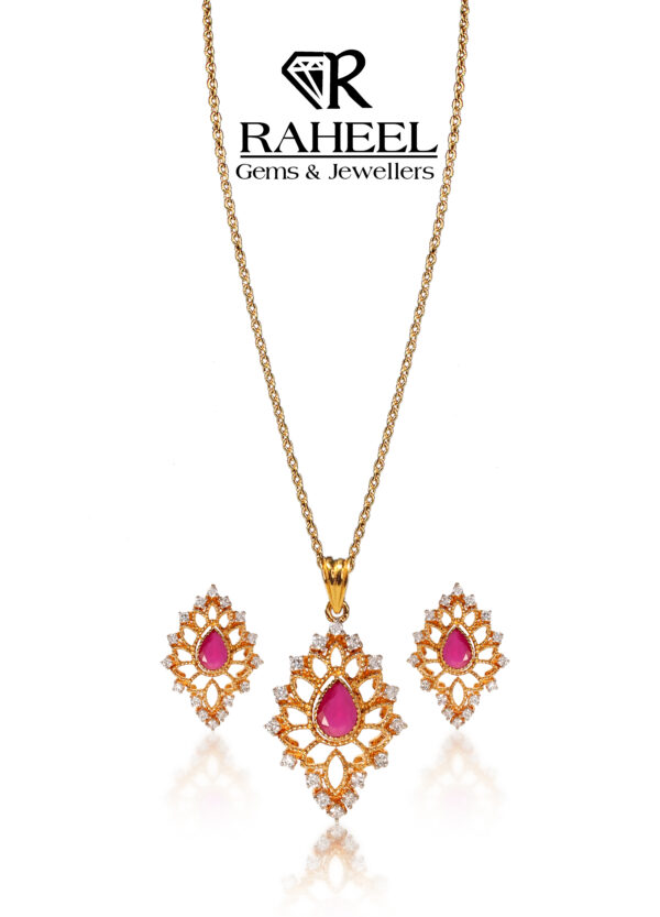 A high-quality gold necklace and earring set featuring a pink stone centerpiece with intricate halo detailing, ideal for formal occasions and adding timeless beauty.