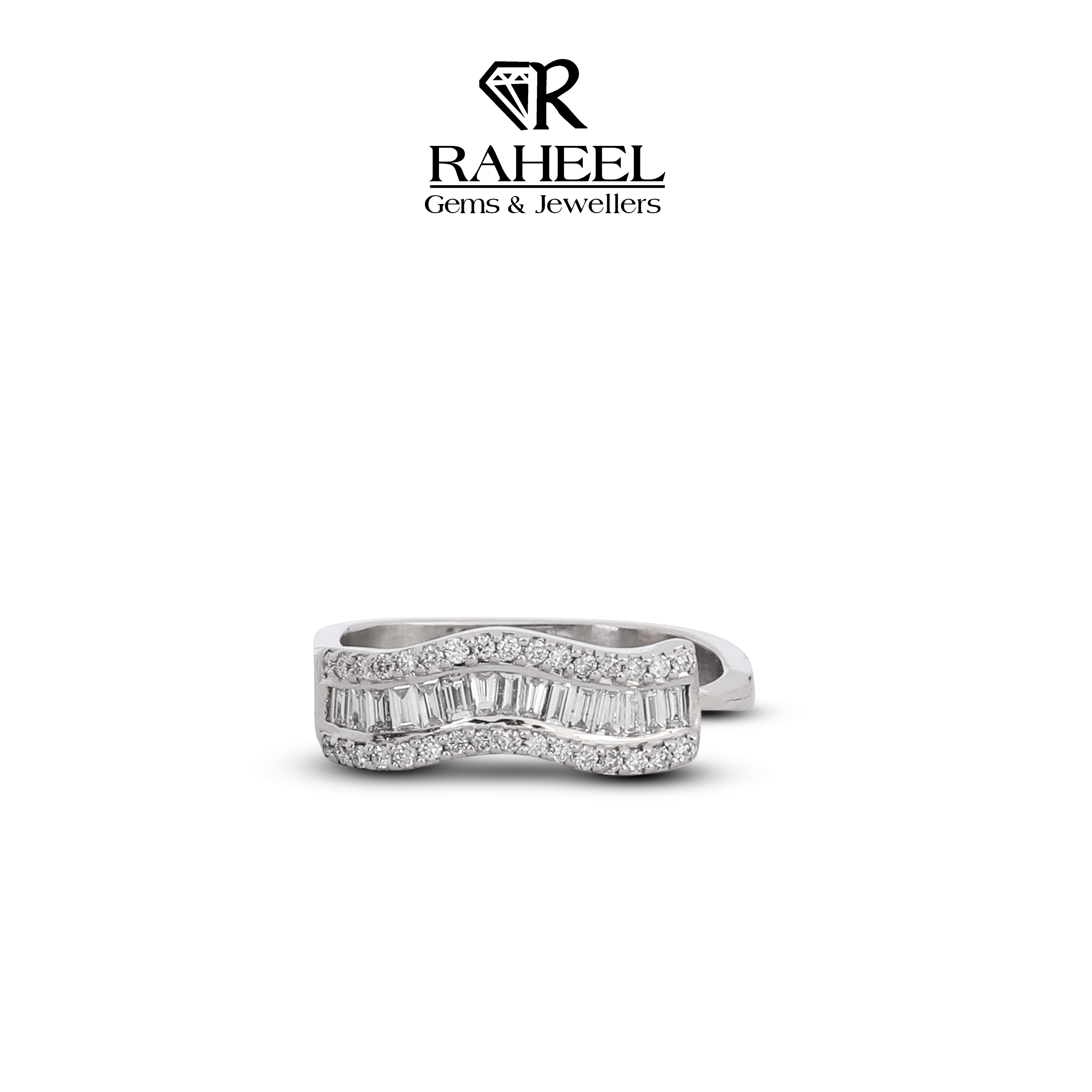 21kt Gold Wave Band with Baguette and Round Zircon Accents - Image 2