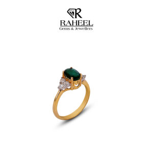 Oval Emerald Tri-Cluster Ring in 21kt Gold featuring a deep green center stone and zircon clusters by Raheel Gems & Jewellers Karachi.