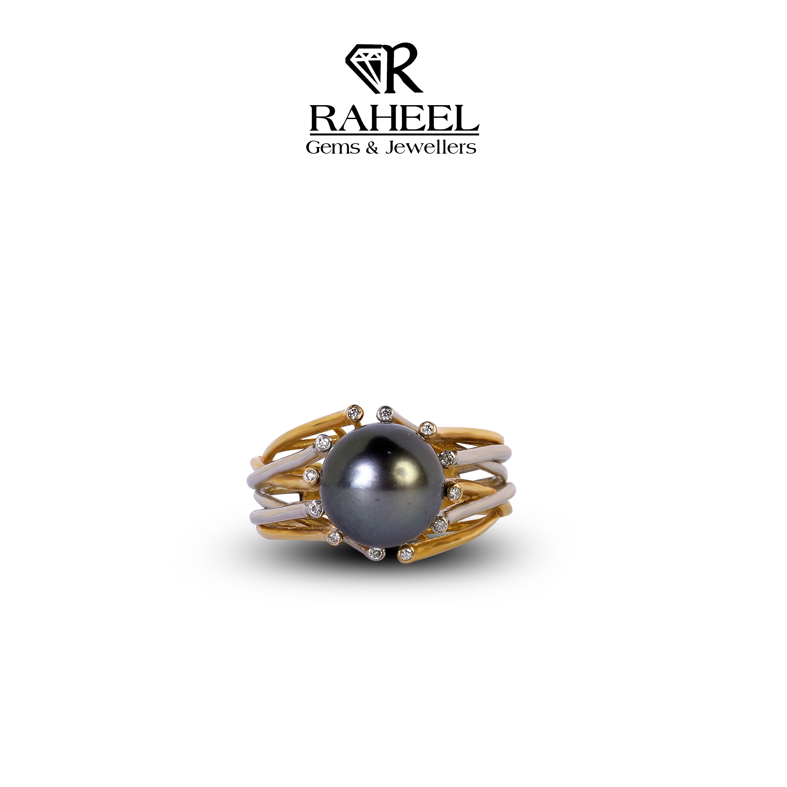 Close-up of the handcrafted 18kt gold branch setting and lustrous pearl from Raheel Gems & Jewellers Karachi.
