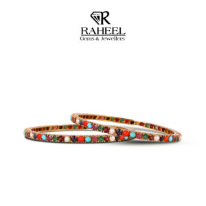 Handcrafted 21kt gold Navratna jewelry bangles set with real turquoise, coral, and pearls.