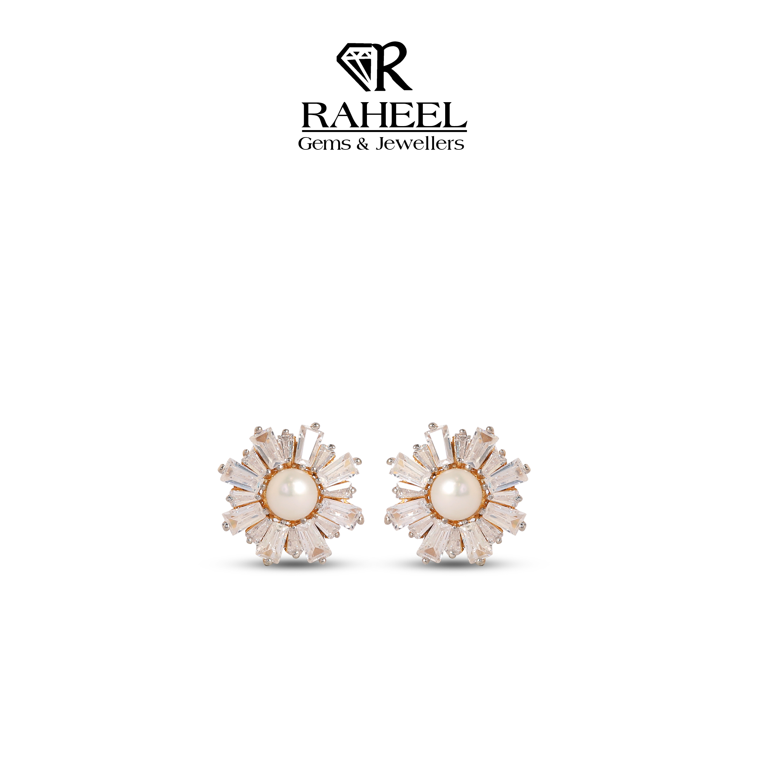 Angled side profile of bespoke 21kt gold floral pearl earrings featuring clear stone accents at The Plaza Shopping Mall.