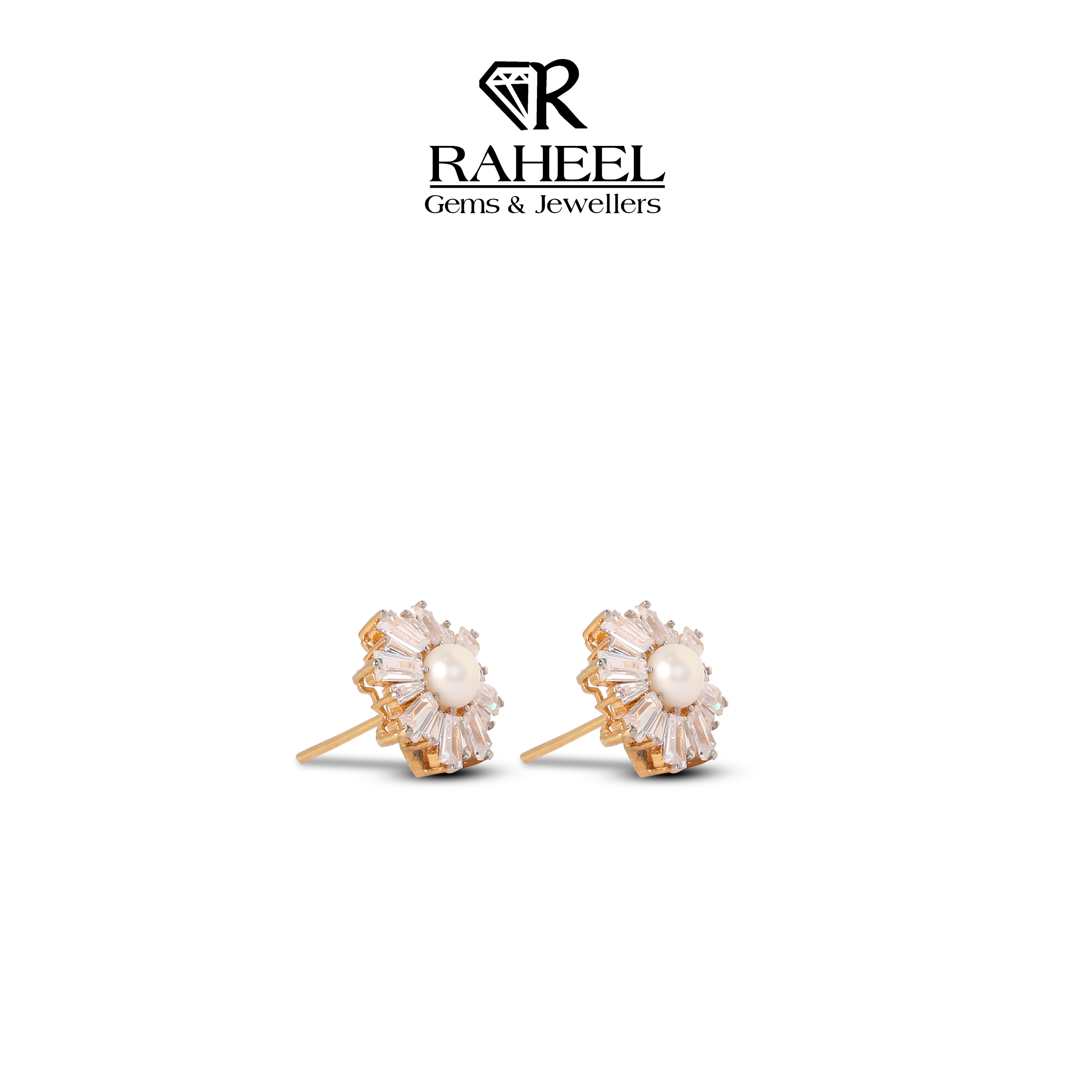 Frontal view of 21kt gold pearl sunburst stud earrings with a baguette zircon halo from Raheel Gems & Jewellers Karachi.