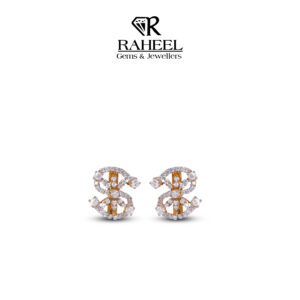 Frontal view of 21kt gold stud earrings Karachi with a stylized S design and zircon pave accents.