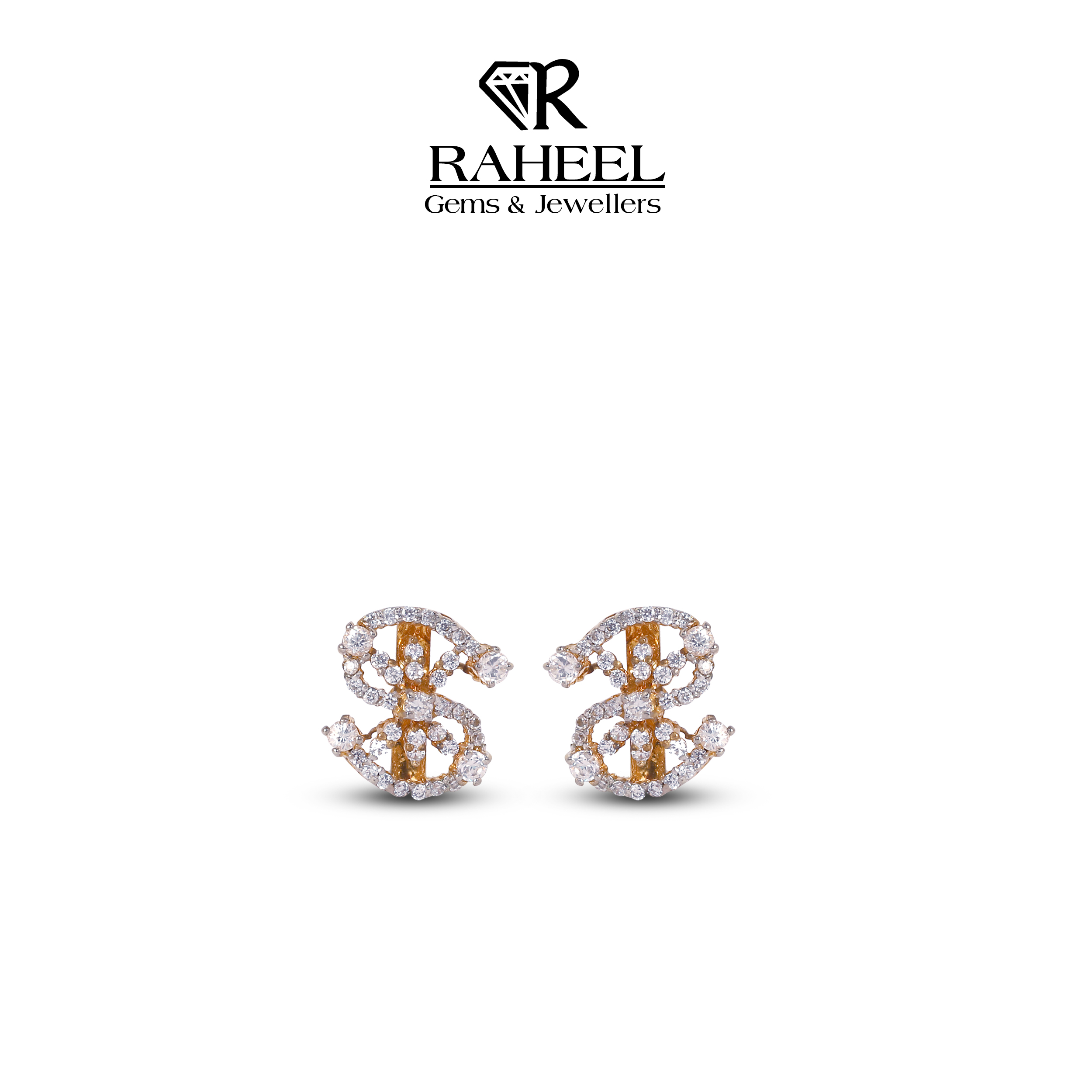 Frontal view of 21kt gold stud earrings Karachi with a stylized S design and zircon pave accents.