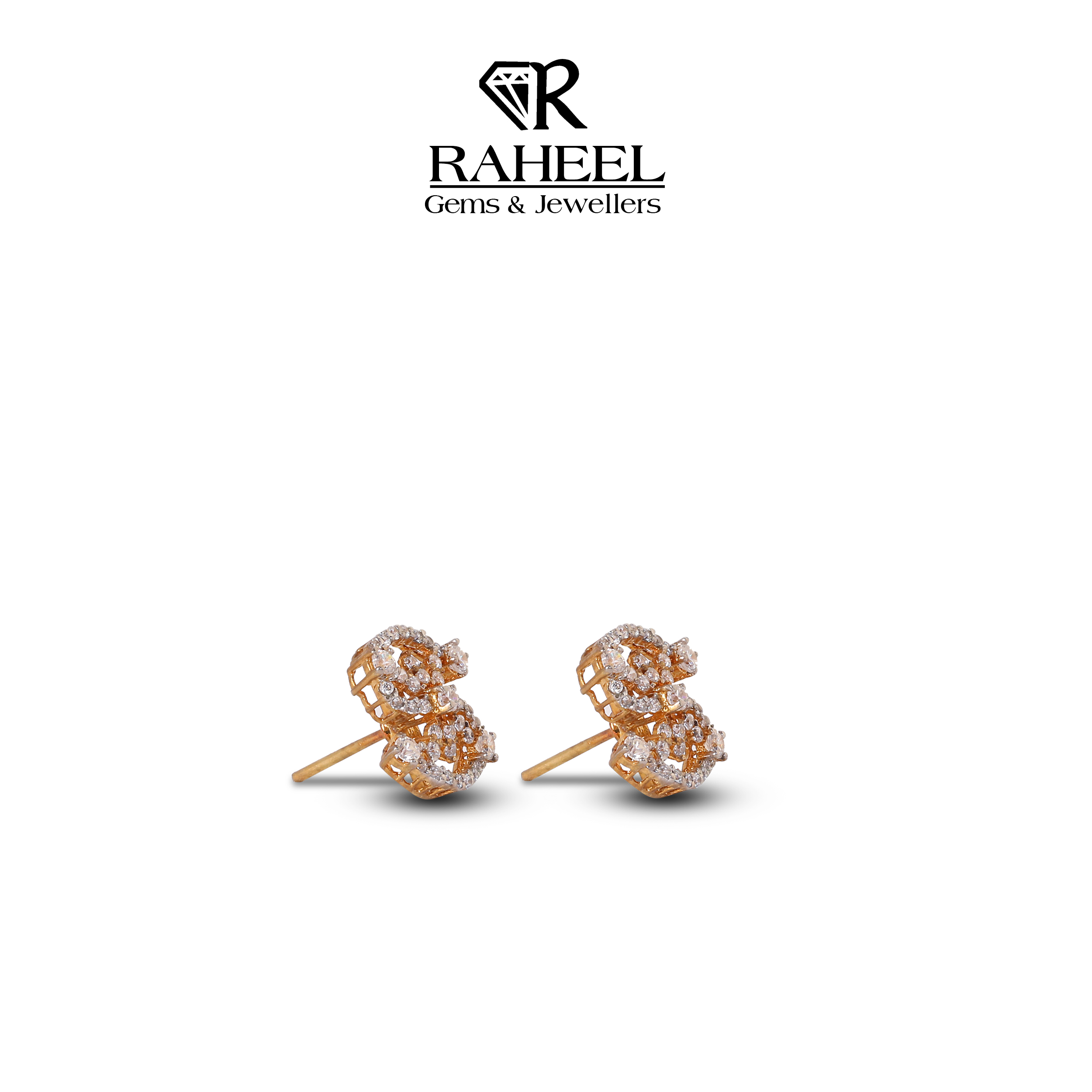 Side view of luxury stylized S gold studs at Raheel Gem's & Jewellers, Do Talwar Karachi.