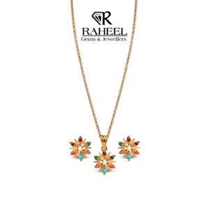 21kt gold Nauratan sunburst pendant and earring set with real gemstones by Raheel Gems & Jewellers Karachi.