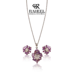 Bespoke 21kt gold Amethyst pendant set with silver polish and baguette-cut gemstones by Raheel Gems & Jewellers.