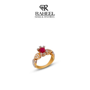 Royal Ruby Cluster Petal Ring in 21kt gold with zircon leaf shank by Raheel Gems & Jewellers Karachi.